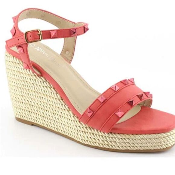 BRAND NEW NATURE BREEZE Tally-04 PINK STUDDED OPEN TOE ESPADRILLE WEDGE S2 - Picture 1 of 16